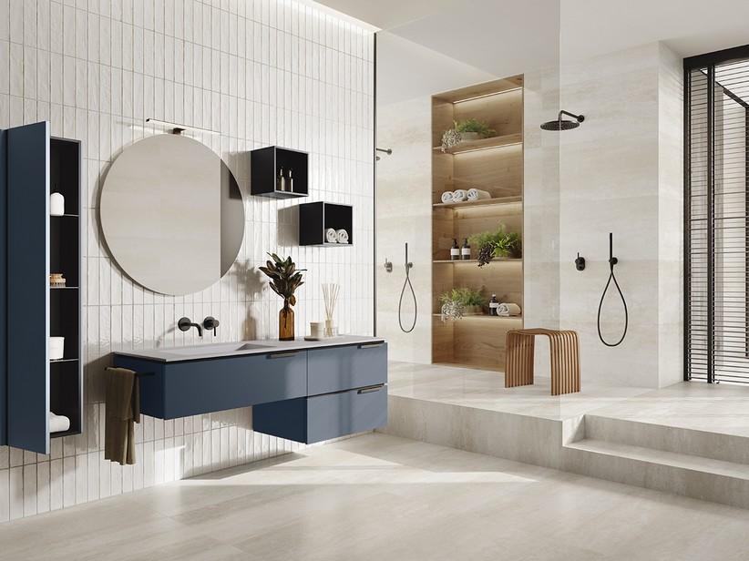 Meuble salle de bains TOUCH 160 cm 3 tiroirs bleu nuit mat et lavabo Unitop gauche en résine effet pierre blanc semi-brillant | IperCeramica