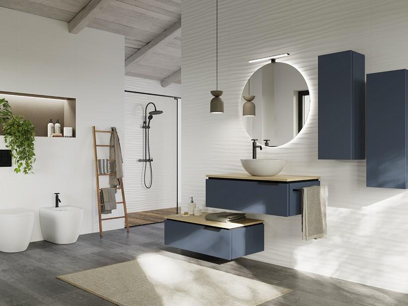 Meuble de salle de bains TOUCH 70 cm 1 tiroir bleu nuit mat et plan 1,8 cm chêne à nœuds | IperCeramica