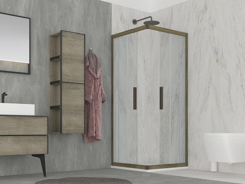 Cabine de douche d’angle OM 2 parois 80x80 H200 Réd 75/80 verre 6 mm transparent et profilés chêne cognac | IperCeramica