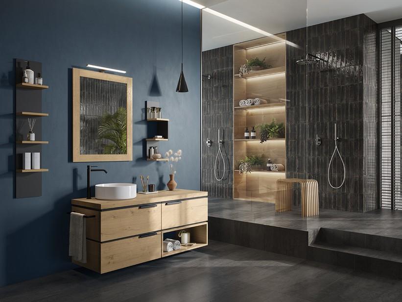 Meuble de salle de bains OXYGEN 140 cm 3 tiroirs et compartiment ouvert droit avec top 4,5 cm en bois naturel chêne à noeuds | IperCeramica