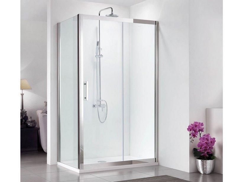 Cabine de douche d'angle Zeus 80x120 h200 Ext 78/79,5-118,4/119,9 porte coulissante paroi lat. verre tr. 8mm inox effet miroir | IperCeramica