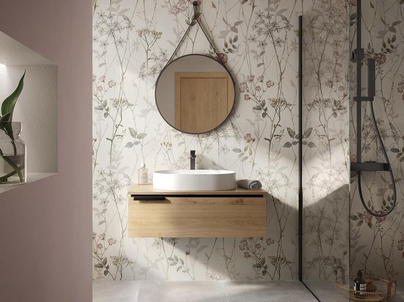 Meuble de salle de bain OXYGEN 90 cm 1 tiroir et plateau de 1,8 cm en chêne naturel à nœuds | IperCeramica