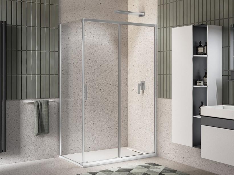 Cabine de douche Alfa porte coulissante + paroi fixe 140x80 cm  verre 6 mm transparent chrome | IperCeramica