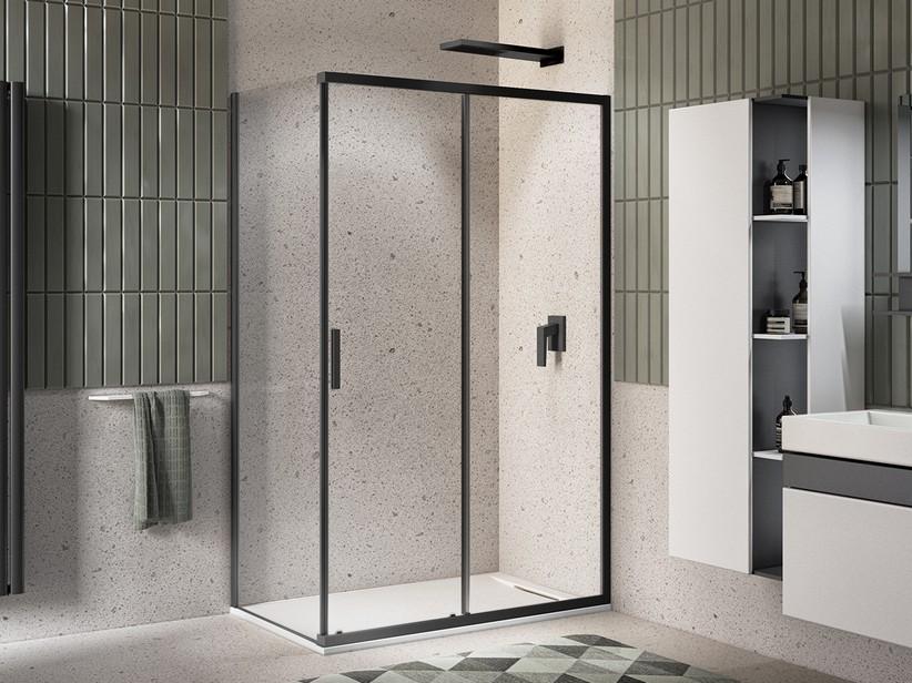 Cabine de douche Alfa porte coulissante + paroi fixe 140x80 cm  verre 6 mm transparent noir mat | IperCeramica