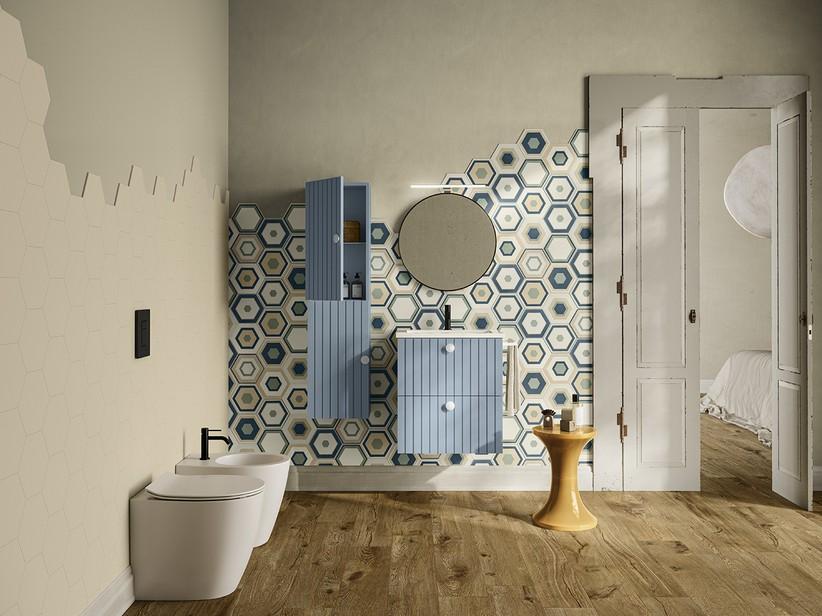 Meuble de salle de bains LERICI L60 cm 2 tiroirs finition bleu mat avec lavabo Unitop en résine | IperCeramica