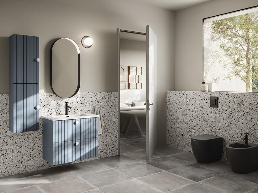 Meuble de salle de bains LERICI L75 cm 2 tiroirs finition bleu mat avec lavabo Unitop en résine | IperCeramica