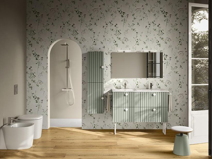 Meuble de salle de bains LERICI L120 cm sur pieds 4 tiroirs finition vert mat avec lavabo Unitop en céramique | IperCeramica