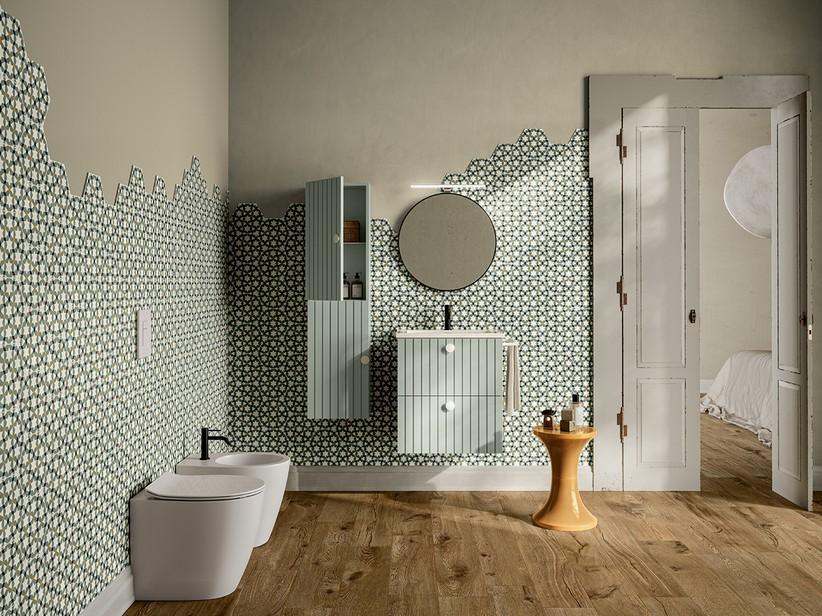 Meuble de salle de bains LERICI L60 cm 2 tiroirs finition vert mat avec lavabo Unitop en céramique | IperCeramica