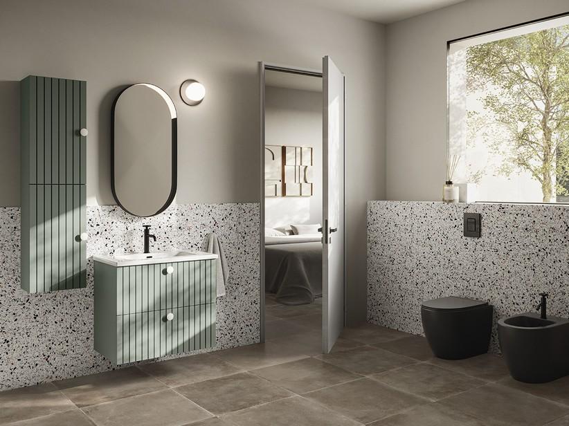 Meuble de salle de bains LERICI L75 cm 2 tiroirs finition vert mat avec lavabo Unitop en résine | IperCeramica