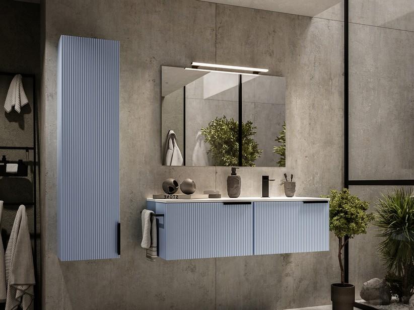 Meuble salle de bains AVIVO 120 cm 2 tiroirs cannelé bleu mat et lavabo céramique droite blanc brillant | IperCeramica