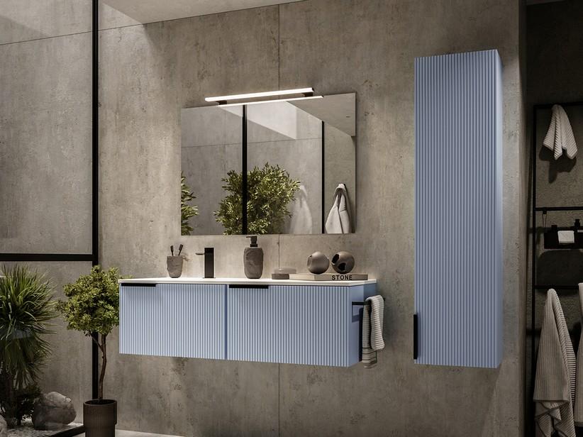 Meuble salle de bains AVIVO 120 cm 2 tiroirs cannelé bleu mat et lavabo céramique gauche blanc brillant | IperCeramica