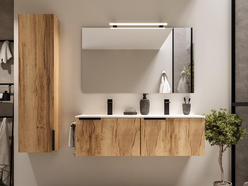 Meuble salle de bains AVIVO 120 cm 2 tiroirs cannelé chêne clair et lavabo céramique blanc brillant | IperCeramica