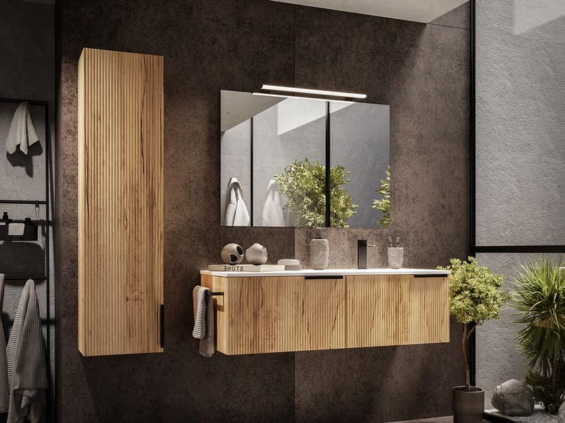 Meuble salle de bains AVIVO 120 cm 2 tiroirs cannelé chêne clair et lavabo céramique droite blanc brillant | IperCeramica