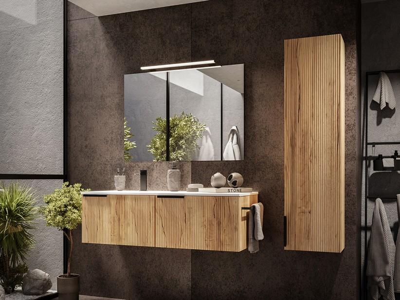 Meuble salle de bains AVIVO 120 cm 2 tiroirs cannelé chêne clair et lavabo céramique gauche blanc brillant | IperCeramica