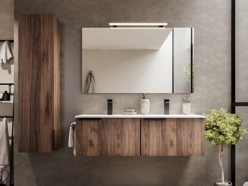 Meuble salle de bains AVIVO 120 cm 2 tiroirs cannelé chêne foncé et lavabo céramique blanc brillant | IperCeramica