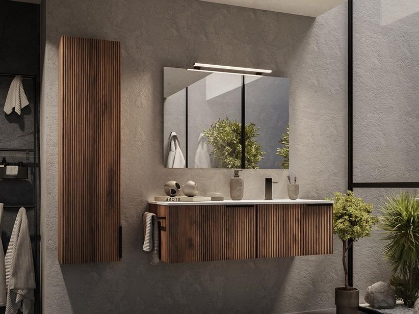 Meuble salle de bains AVIVO 120 cm 2 tiroirs cannelé chêne foncé et lavabo céramique droite blanc brillant | IperCeramica