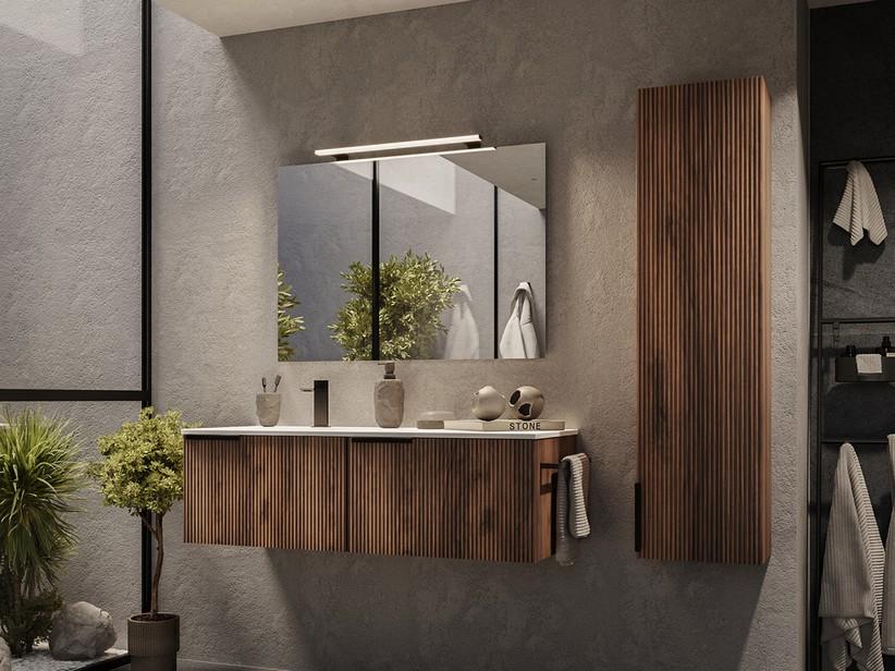 Meuble salle de bains AVIVO 120 cm 2 tiroirs cannelé chêne foncé et lavabo céramique gauche blanc brillant | IperCeramica