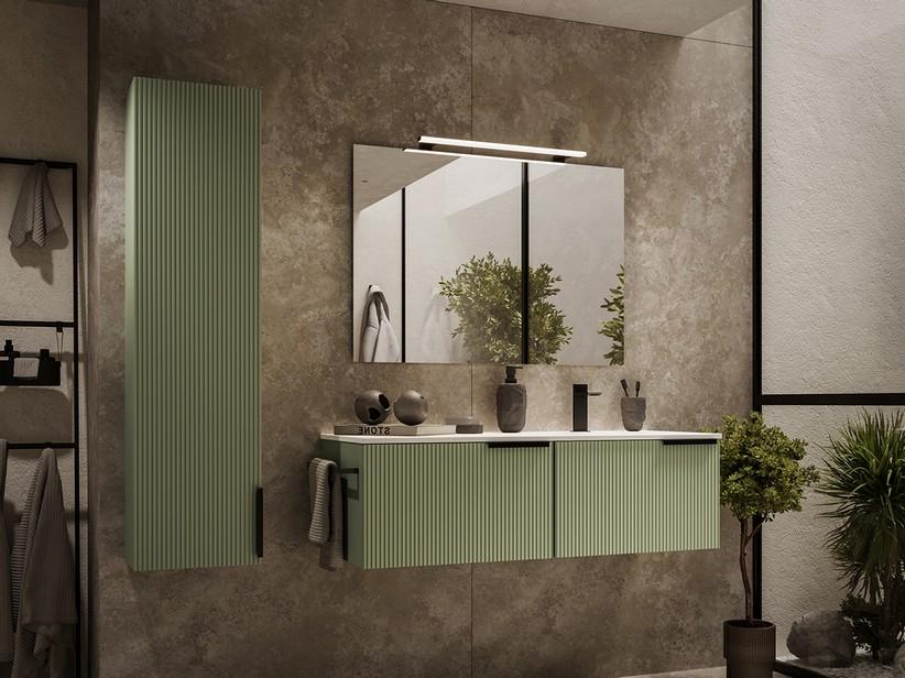 Meuble salle de bains AVIVO 120 cm 2 tiroirs cannelé vert mat et lavabo céramique droite blanc brillant | IperCeramica