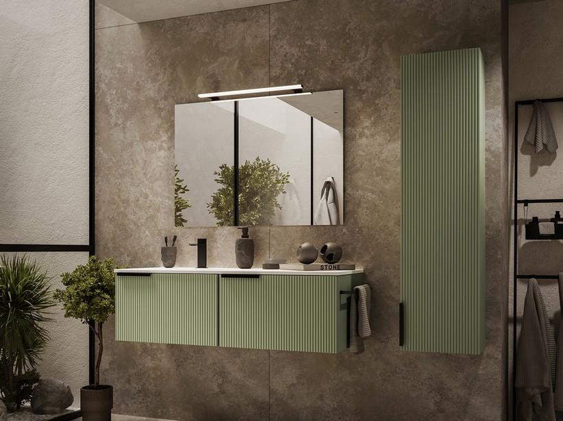 Meuble salle de bains AVIVO 120 cm 2 tiroirs cannelé vert mat et lavabo céramique gauche blanc brillant | IperCeramica