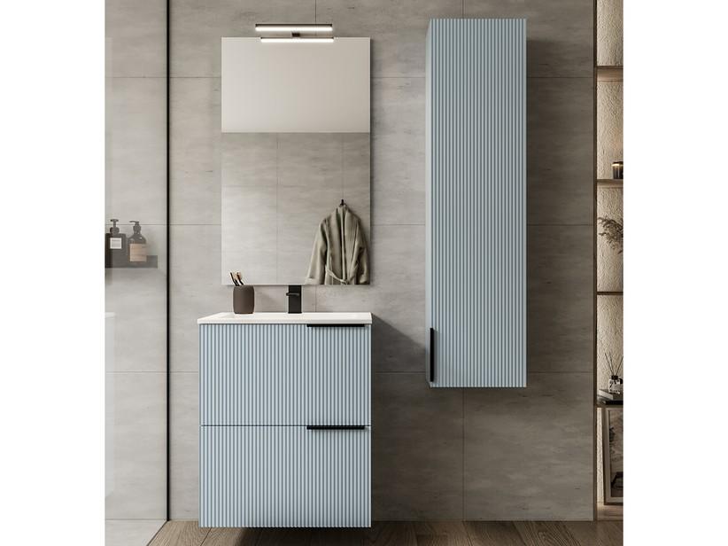 Meuble salle de bains AVIVO 60 cm 2 tiroirs cannelé bleu mat et lavabo céramique blanc brillant | IperCeramica