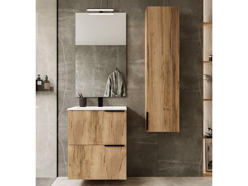 Meuble salle de bains AVIVO 60 cm 2 tiroirs cannelé chêne clair et lavabo céramique blanc brillant | IperCeramica