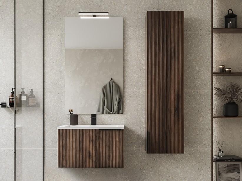 Meuble salle de bains AVIVO 60 cm 1 tiroir cannelé chêne foncé et lavabo céramique blanc brillant | IperCeramica