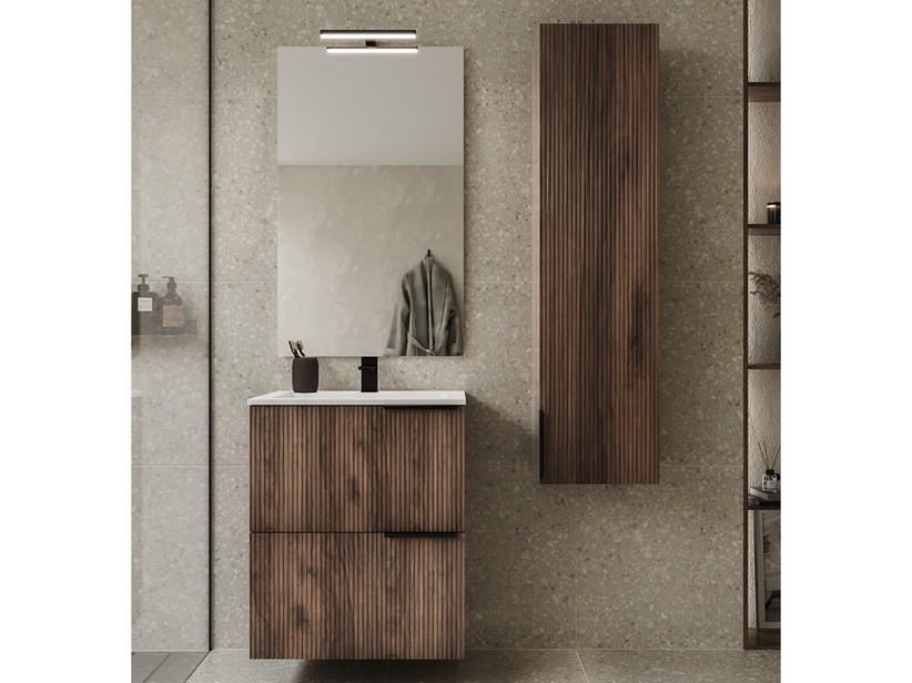 Meuble salle de bains AVIVO 60 cm 2 tiroirs cannelé chêne foncé et lavabo en résine blanc brillant | IperCeramica