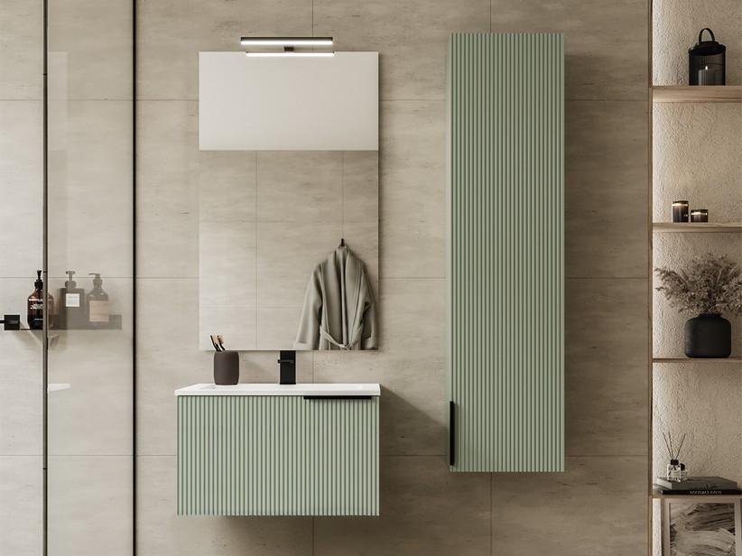 Meuble salle de bains AVIVO 60 cm 1 tiroir cannelé vert mat et lavabo en résine HIDE blanc mat | IperCeramica