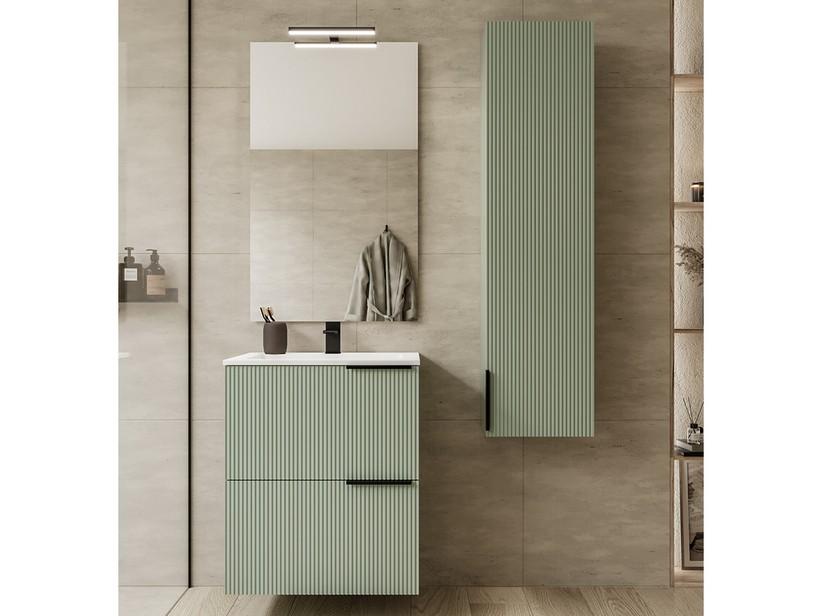 Meuble salle de bains AVIVO 60 cm 2 tiroirs cannelé vert mat et lavabo céramique blanc brillant | IperCeramica