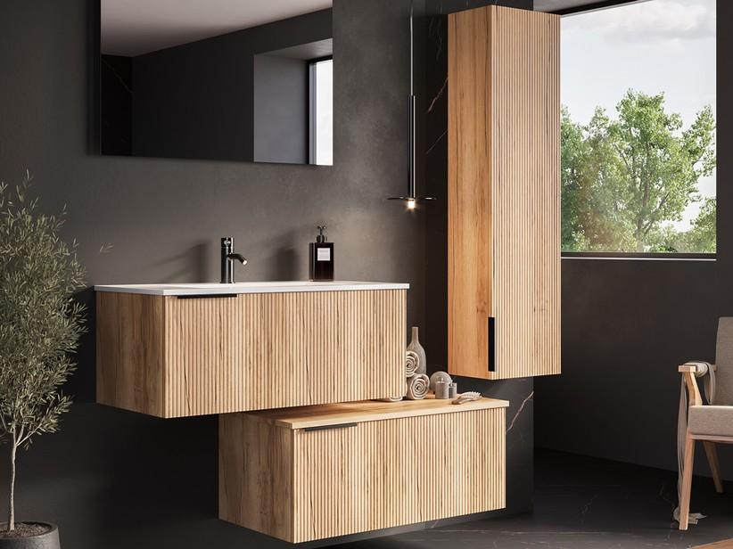 Meuble salle de bains AVIVO 90 cm 1 tiroir cannelé chêne clair et lavabo céramique blanc brillant | IperCeramica