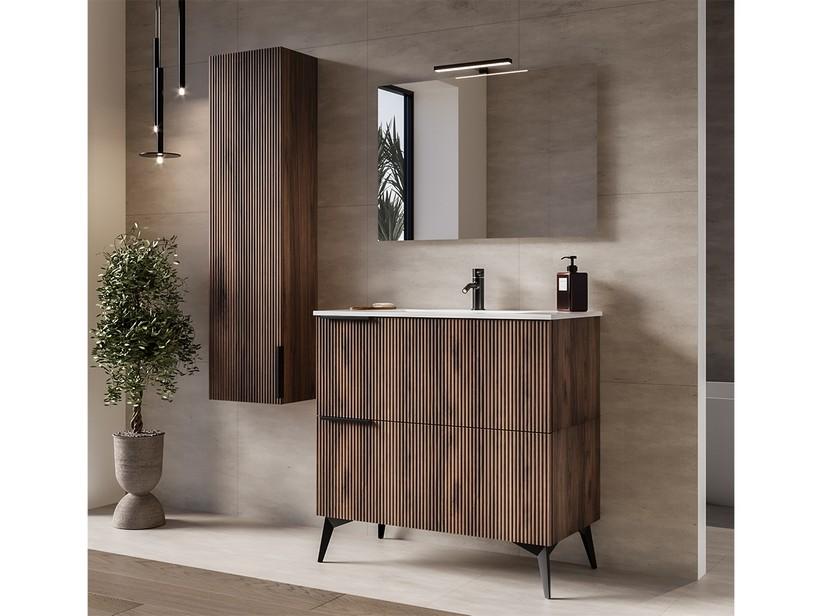 Meuble salle de bains AVIVO 90 cm 2 tiroirs cannelé chêne foncé et lavabo céramique blanc brillant | IperCeramica