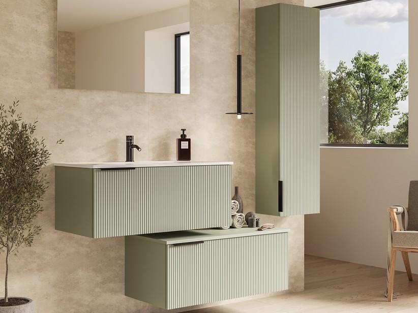 Meuble salle de bains AVIVO 90 cm 1 tiroir cannelé vert mat et lavabo céramique blanc brillant | IperCeramica