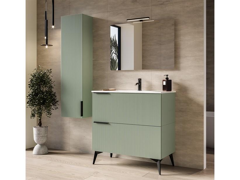 Meuble salle de bains AVIVO 90 cm 2 tiroirs cannelé vert mat et lavabo en résine blanc brillant | IperCeramica