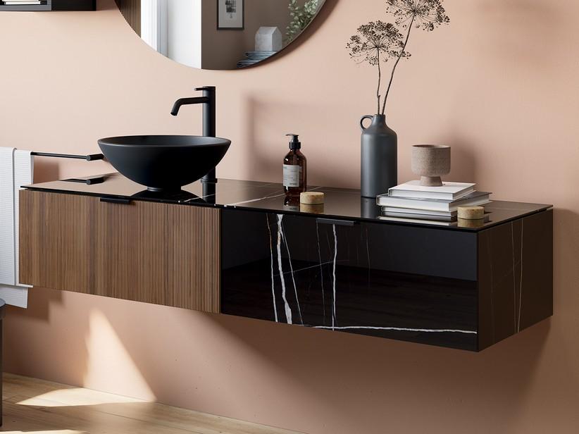 Meuble suspendu CLASS GRES 140 cm 2 tiroirs grès marbre Sahara noir et noyer avec plan grès Sahara noir brillant | IperCeramica