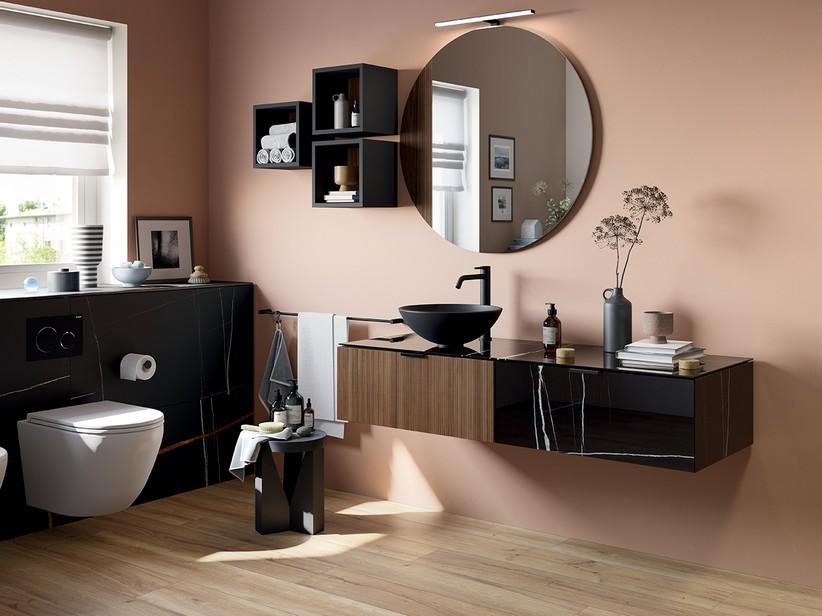 Meuble salle de bains CLASS GRES 140 cm 1 tiroir grès marbre Sahara noir et 1 tiroir noyer avec plan grès Sahara noir brillant | IperCeramica