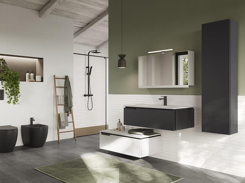 Meuble sous-vasque TOUCH 90 cm 1 tiroir noir mat lavabo intégré HIDE blanc brillant | IperCeramica
