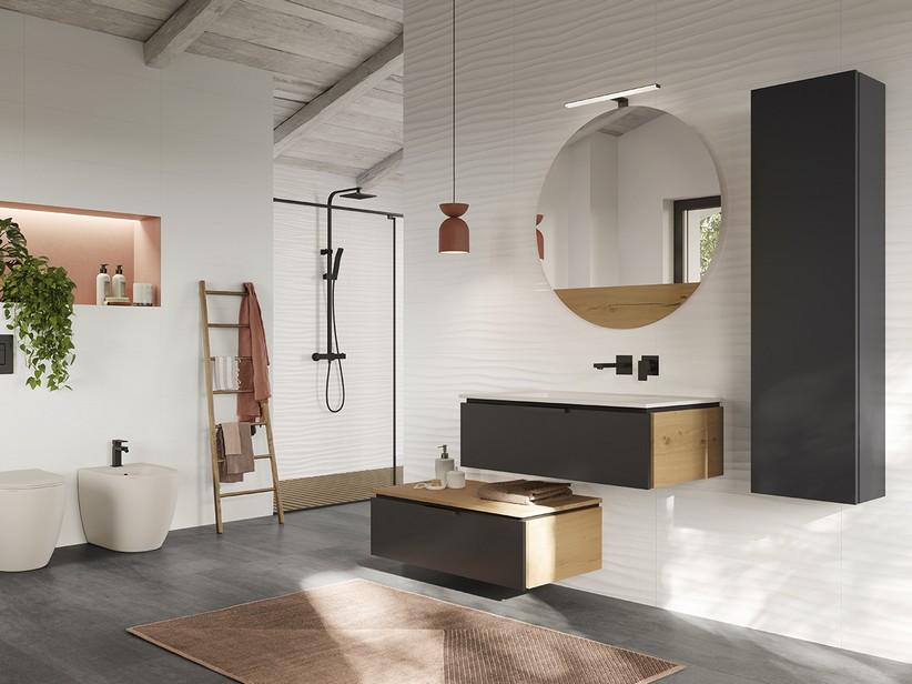 Meuble sous-vasque TOUCH 90 cm 1 tiroir noir mat/chêne lavabo intégré HIDE blanc mat | IperCeramica