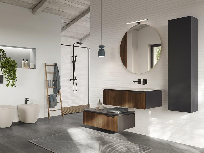 Meuble salle de bains BLUES 90 cm 1 tiroir noyer cannelé lavabo intégré HIDE blanc brillant | IperCeramica