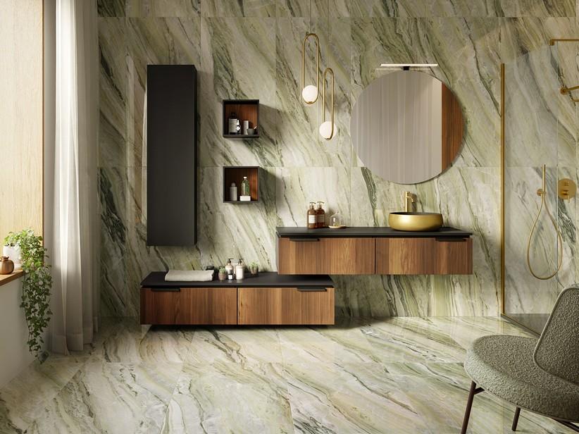 Meuble 2 tiroirs TOUCH 140 cm noyer cannelé et top noir mat | IperCeramica