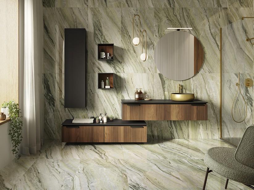 Meuble salle de bains BLUES 140 cm 2 tiroirs noyer cannelé et top noir mat | IperCeramica