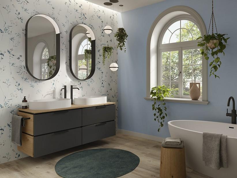 Meuble salle de bains TOUCH 140 cm 4 tiroirs noir mat et top chêne | IperCeramica