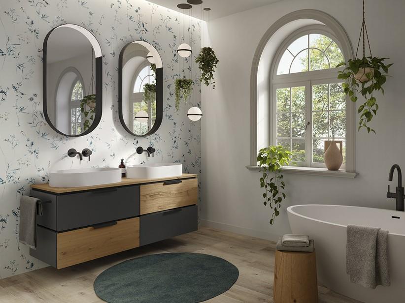 Meuble salle de bains TOUCH 140 cm 4 tiroirs noir mat/chêne et top chêne | IperCeramica