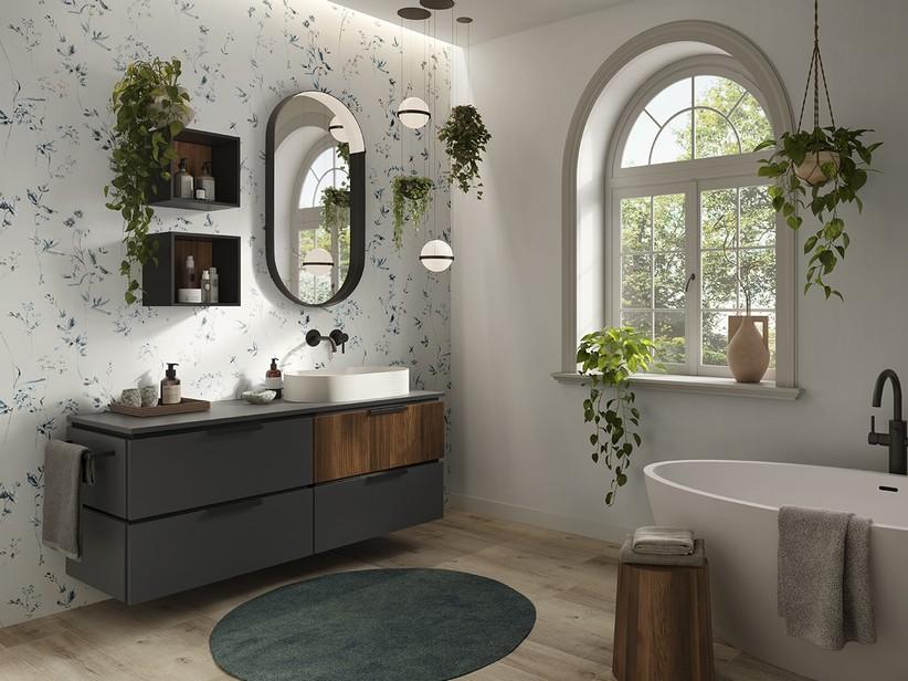 Meuble salle de bains TOUCH 140 cm 4 tiroirs noir mat/chêne et top noir mat | IperCeramica