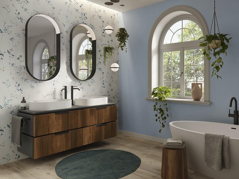 Meuble salle de bains BLUES 140 cm 4 tiroirs noyer cannelé et top noir mat | IperCeramica