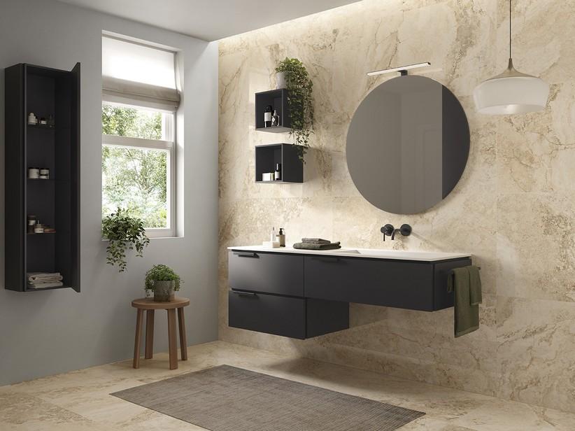 Meuble sous-vasque TOUCH 160 cm 3 tiroirs noir mat plan vasque à droite HIDE blanc mat | IperCeramica
