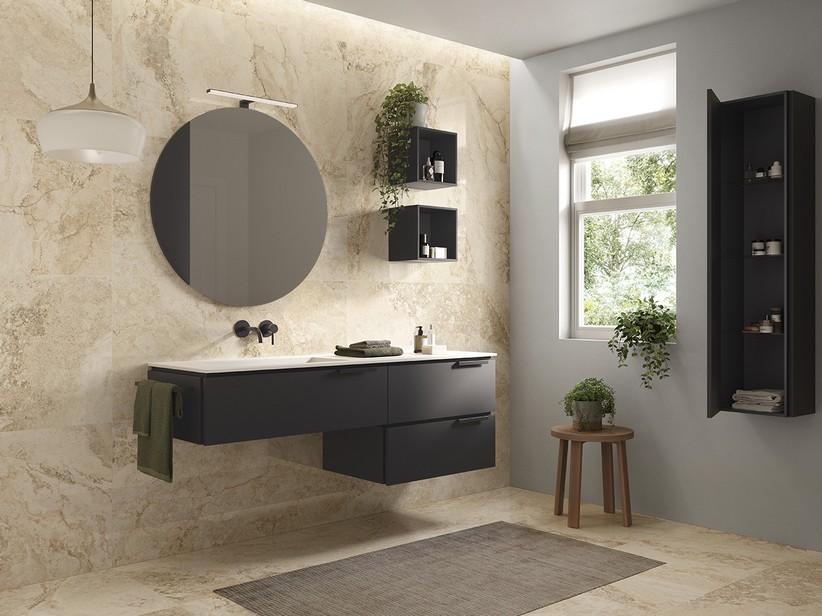 Meuble sous-vasque TOUCH 160 cm 3 tiroirs noir mat plan vasque à gauche HIDE blanc brillant | IperCeramica