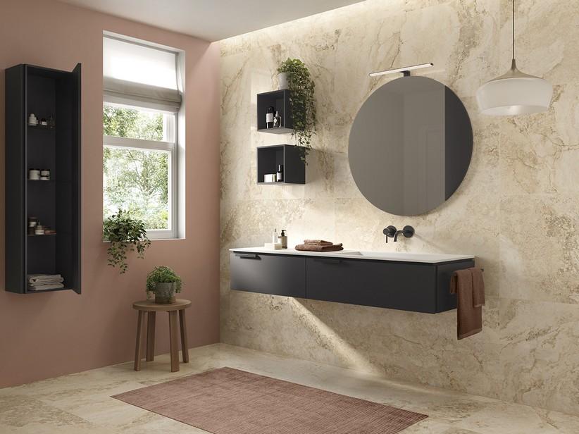 Meuble sous-vasque TOUCH 160 cm 2 tiroirs noir mat plan vasque à droite HIDE blanc mat | IperCeramica