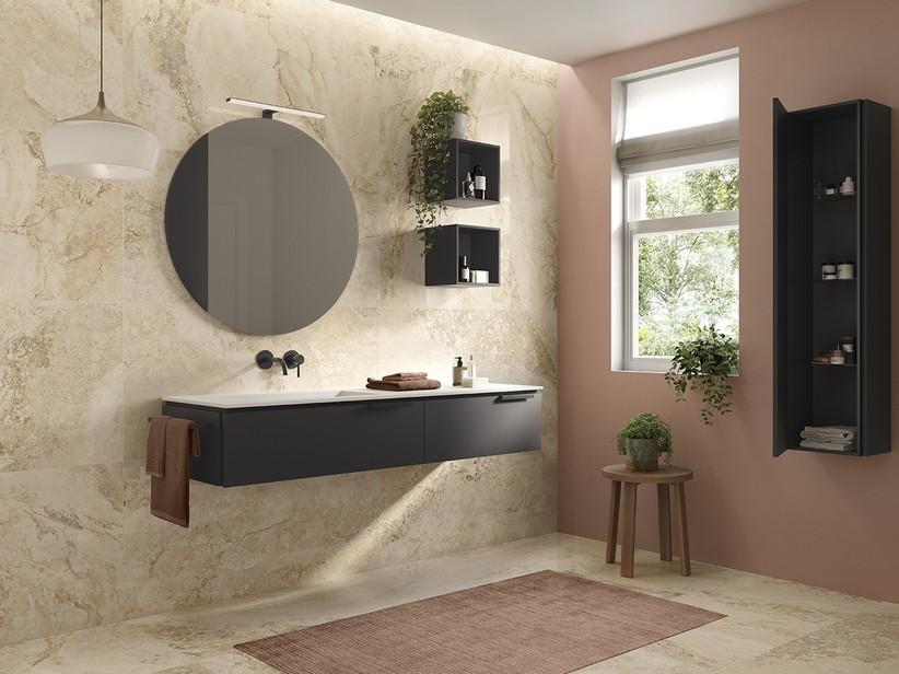 Meuble sous-vasque TOUCH 160 cm 2 tiroirs noir mat plan vasque à gauche HIDE blanc mat | IperCeramica