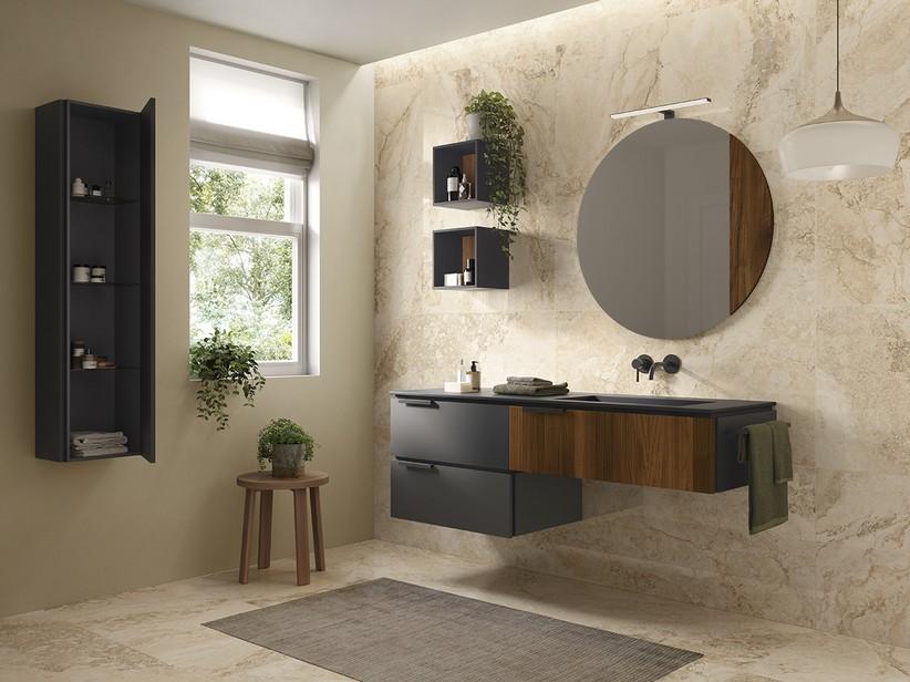 Meuble sous-vasque TOUCH 160 cm 3 tiroirs noir mat/noyer plan vasque à droite HIDE noir | IperCeramica