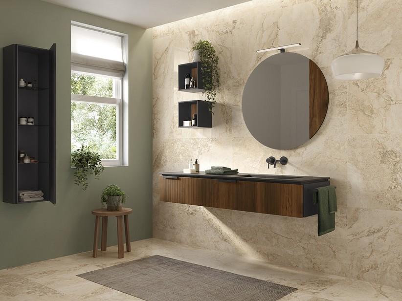 Meuble salle de bains BLUES 160 cm 2 tiroirs noyer cannelé plan vasque à droite HIDE noir | IperCeramica